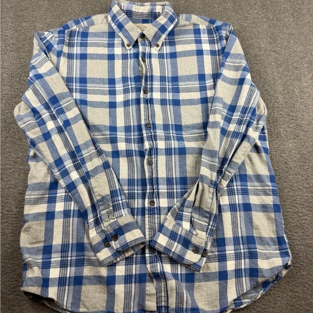 St John's Bay Men's Large Blue Gray Plaid Flannel Button Down Shirt Cotton